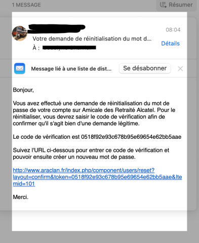 Mot de passe perdu couuriel reçu 7a358